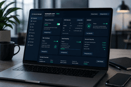 Business domain dashboard showing privacy settings DNS records and security controls