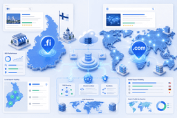 Illustration showing the SEO impact of .fi and .com domains for local Finland searches and international search visibility.