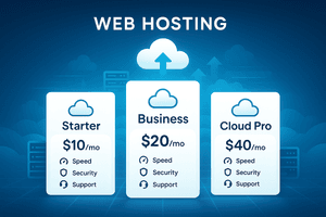 A modern web hosting concept image showing multiple pricing plan cards or tier boxes (Starter, Business, Cloud Pro) arranged 