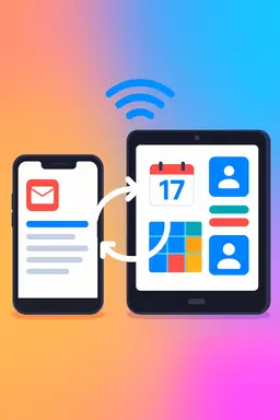 Smartphones and tablets showing synchronized email, calendar, and contacts apps, wireless syncing animation, vibrant colors, modern flat design