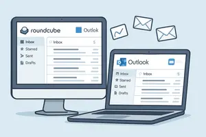 Illustration of multiple email client apps (Roundcube, Outlook, Apple Mail) on desktop and laptop screens, clean interface, email icons flying between devices, modern digital style