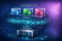 Diagram showing VPS hosting architecture with virtual private servers running on hypervisor layer above physical server infrastructure