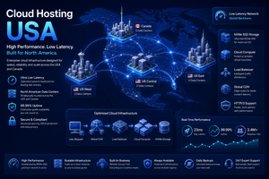 Low-latency cloud hosting infrastructure across North America with interconnected data centers and enterprise networking.
