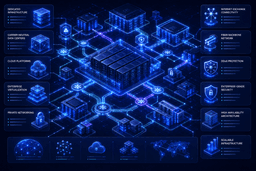 Enterprise hosting infrastructure in Germany showing interconnected data centers, cloud networking, and high-capacity internet exchange architecture.