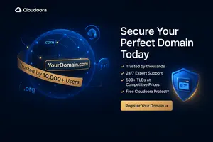 A premium website hero banner for domain registration, featuring: Hero Visuals: Left Side: A 3D-rendered globe with interconnected domain names (.com, .net, .org) floating like constellations, with one name highlighted ("YourDomain.com"). Right Side: A shield icon with 'Cloudoora Protect™' emitting a protective force field around a tiny website illustration. Trust Elements: A badge ribbon with "Trusted by 10,000+ Users" wrapped around the globe. A 24/7 support symbol (headset with circular waves) hovering nearby. Design Style: Semi-realistic 3D with soft lighting (similar to AWS/Godaddy hero visuals). Color Palette: Deep navy blue (#0F172A) + electric blue (#3B82F6) gradient, with glowing gold accents (#FACC15) for highlights. Tech Motifs: Subtle binary code patterns in the background. Text Overlay: Main Headline: "Secure Your Perfect Domain Today" (bold, white, extra-large). Bullet Points: ✓ Trusted by thousands ✓ 24/7 Expert Support ✓ 500+ TLDs at Competitive Prices ✓ Free Cloudoora Protect™ CTA Button: "Register Your Domain →" (gold gradient with dark text). Branding: Cloudoora logo in top-left with a small cloud+lock icon. Transparent "As Seen On [Trustpilot/Forbes]" bar at bottom (optional)." Avoid: Clutter, stock-photo humans, or dark backgrounds that obscure text. Style: Premium tech aesthetic like Squarespace's hero sections."