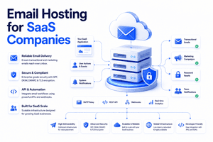 Email hosting for SaaS companies showing API automation SMTP relay transactional email and cloud infrastructure