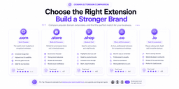Comparison of popular ecommerce domain extensions including .com .store .shop .co and .io