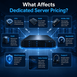 Dedicated server pricing factors including CPU RAM NVMe storage bandwidth RAID support and data center infrastructure