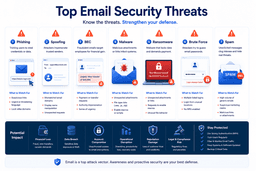 Common email hosting security threats including phishing spoofing ransomware brute force attacks and malware