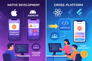 Split-screen comparison of mobile app development: left side shows complex native development with separate iOS and Android pipelines, isolated teams, and higher costs; right side shows efficient cross-platform workflow with a single codebase powering both platforms. Use vibrant colors, modern UI design mockups, developer tools like React Native and Flutter logos, and clear visual indicators of speed, collaboration, and cost-efficiency. Futuristic tech aesthetic with clean lines and bright lighting.