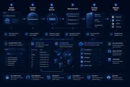 Diagram showing how domain names DNS and hosting infrastructure work together