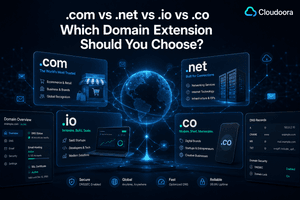 Comparison of .com, .net, .io, and .co domain extensions for businesses and startups