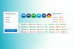 bulk domain availability checker tool interface showing multiple domain search results available taken and premium