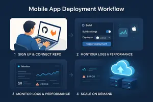 A clean, modern 4-step horizontal or vertical infographic-style illustration showing the mobile app deployment workflow. Each step is visualized: 1️⃣ Sign Up & Connect Repo – Developer connecting GitHub/GitLab repo on a laptop screen 2️⃣ Configure Builds & Deploy – Simple dashboard with build settings and deployment triggers 3️⃣ Monitor Logs & Performance – Real-time app metrics, error logs, and performance charts 4️⃣ Scale on Demand – Cloud infrastructure scaling up with mobile app icons floating above servers Visual Style: Semi-isometric or realistic UI overlays with glowing cloud tech effects Color Theme: Trust-building tech colors – navy, sky blue, white, with subtle green/orange highlights Devices: Showcase both Android and iOS devices to reflect cross-platform deployment Mood: Fast, streamlined, developer-friendly, and scalable