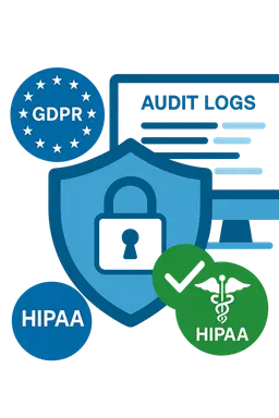 Security shield icon with GDPR and HIPAA badges, audit logs on a computer screen, padlock and checkmark symbols, blue and green colors, trustworthy business style