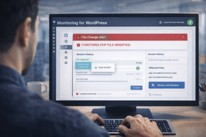 security monitoring dashboard highlighting file change alert notification with timeline history and suspicious modification warning, developer reviewing changes on screen, realistic SaaS monitoring interface, modern professional environment