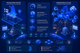 Illustration comparing Finnish web hosting providers with European cloud hosting infrastructure and CDN connectivity.