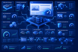 Technical illustration showing NVMe storage, LiteSpeed servers, CDN, caching, and optimized hosting architecture for faster website performance.
