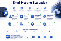 Checklist for evaluating secure email hosting providers including MFA TLS backups DDoS protection and GDPR compliance