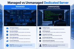Comparison between managed and unmanaged dedicated servers in Finland showing responsibilities support and server management