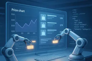 A high-tech workspace showing a large transparent touchscreen with colorful, interactive e-commerce price charts and product listings being automatically extracted, close-up of robotic arms gently grabbing data streams represented as glowing data packets, detailed HTML and JSON code snippets floating in the background, futuristic blue and white color palette, clean modern style with sharp focus and soft ambient lighting"