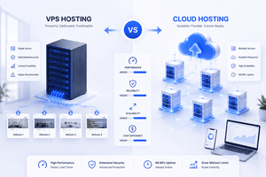 Cloud hosting versus traditional VPS comparison showing differences in performance, scalability, uptime, and cost.