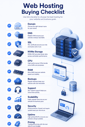 Web hosting buying checklist showing domain DNS SSL CPU RAM NVMe backups support and scalability