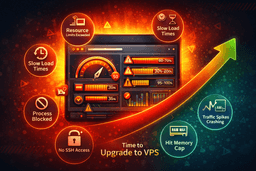Signs you need to upgrade from shared hosting to VPS showing slow load times, resource limits exceeded, blocked processes, no SSH access, and traffic spike issues