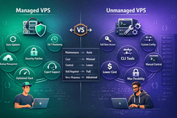Managed VPS vs unmanaged VPS comparison showing automated maintenance and support versus full root access and manual control for developers