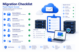 Business email migration checklist including backups DNS planning mailbox audit account creation and testing