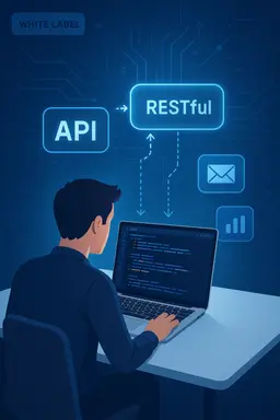 Developer coding API integration with RESTful web services, laptop with code editor open, white-label branding elements, futuristic tech background