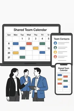 Shared team calendar and contacts interface on multiple devices, people collaborating, color-coded calendar events, clean and professional design