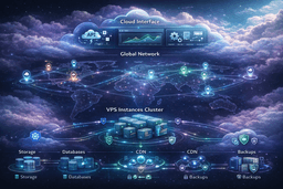 Cloud VPS infrastructure showing global network with distributed instances, CDN, storage, databases, and backups across multiple regions