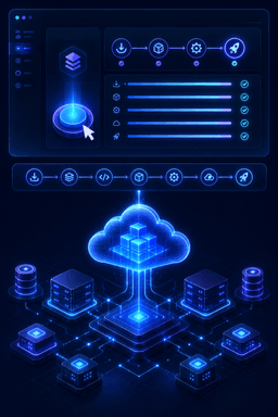 Illustration of automated one-click application deployment on secure cloud infrastructure in just a few minutes.
