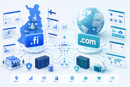 Visual comparison of .fi and .com domains showing local Finland targeting versus global website reach.