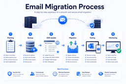 Business email migration process showing backup DNS updates mailbox migration testing and monitoring