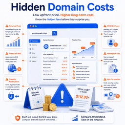 Hidden domain registration fees including renewal costs WHOIS privacy transfer restrictions and redemption charges