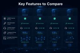 Comparison of domain registrar features including DNSSEC, EPP code access, customer support, pricing transparency, and European infrastructure