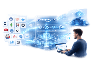 Software developer deploying open source applications from a One-Click Applications Marketplace and Git repository to secure cloud infrastructure using Cloudoora's automated deployment platform.
