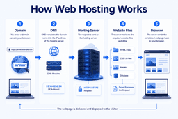 How web hosting works showing domain DNS hosting server database and website delivery process