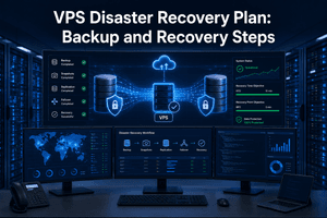 VPS disaster recovery plan showing backup systems failover replication and successful virtual server recovery