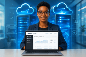 Entrepreneur launching a white-label hosting business with Cloudoora’s cloud-powered reseller platform in a modern tech environment.