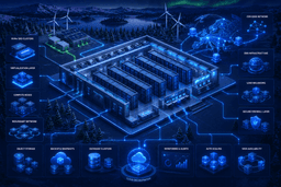 Illustration of a Finland cloud data center featuring energy-efficient cooling, NVMe storage, cloud hosting, and high-availability infrastructure.