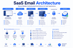 SaaS email hosting architecture showing application email API SMTP relay SPF DKIM DMARC and secure email delivery