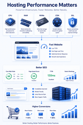 Web hosting performance showing CPU RAM NVMe CDN SSL and their impact on website speed SEO and conversions