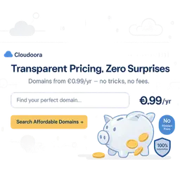 "A modern, minimalist web banner for a domain registration service, featuring: Visual Focus: A sleek, glass-style search bar centered with placeholder text: "Find your perfect domain...". Large, bold price display (*"€0.99/yr"*) with a small "No Hidden Fees" badge (blue/white). Symbols of transparency: A transparent piggy bank (or wallet) spilling coins + a 100% Guarantee shield icon. Design Style: Flat vector illustration with soft shadows. Color Palette: Professional blues (#2A5BDA for headers) + gold (#FFD700 for discounts) on white/light gray gradient. Subtle tech motifs: Abstract cloud nodes (for "cloud" branding) or binary code patterns in the background. Text Overlay: Header: "Transparent Pricing, Zero Surprises" (bold, dark blue). Subheader: *"Domains from €0.99/yr — no tricks, no fees."* CTA Button: "Search Affordable Domains →" (gold button, blue text). Branding: Small Cloudoora logo (top-left) with a cloud-inspired icon. Avoid: Photorealism, cluttered layouts, or unreadable text. Style: Corporate but friendly, akin to AWS or Google Cloud banners.