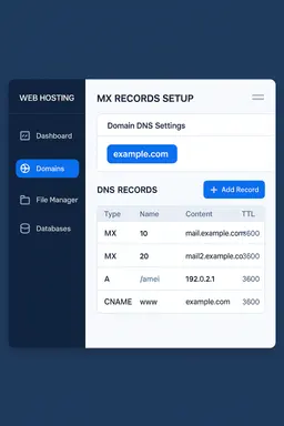 A sleek web hosting control panel screen showing MX records setup, domain DNS settings with highlighted domain name, modern UI, tech style, blue and white colors